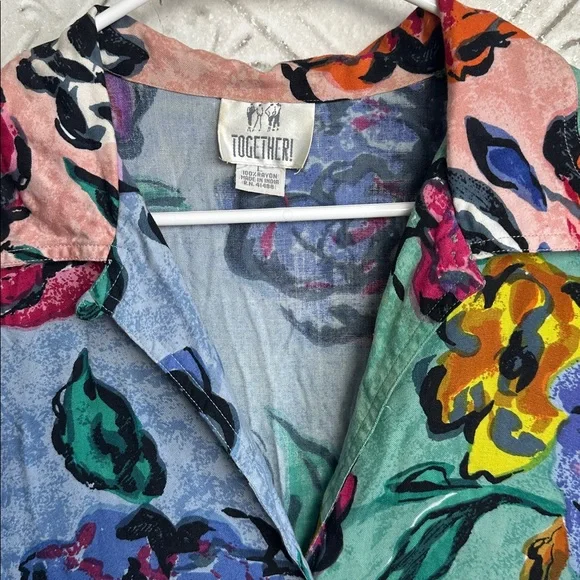 Vintage 80s Together Vibrant Floral mixed media button up short Sleeve Dress - Picture 2 of 6